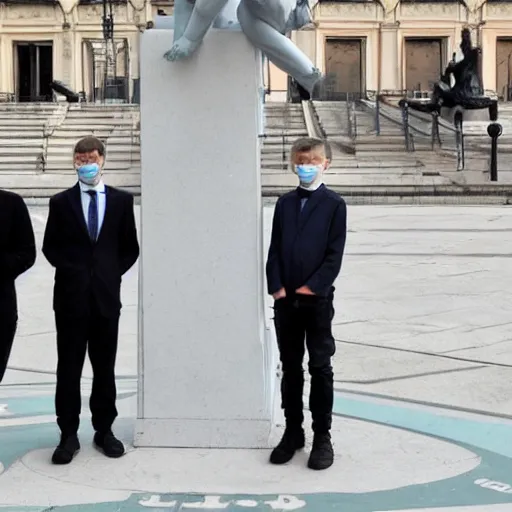 Prompt: 3 young boys standing next to the statue of andrej babis