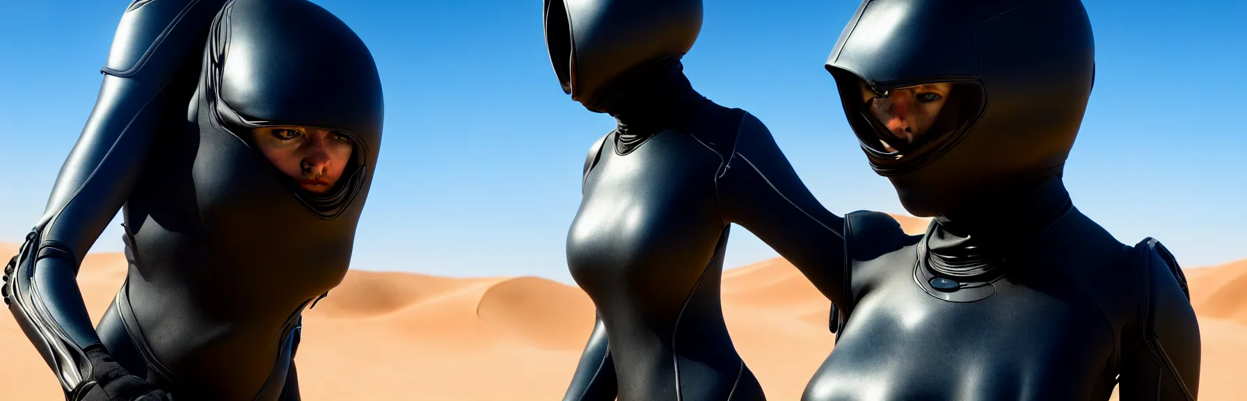 Prompt: closeup of a person in a black high tech dune stillsuit, in the desert, intricate and epic concept art, highly detailed, 8k, cinematic, sharp focus