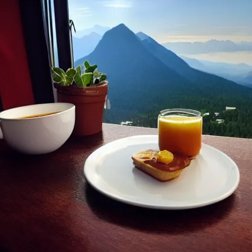 Prompt: beautiful breakfast with mountain view and laptop