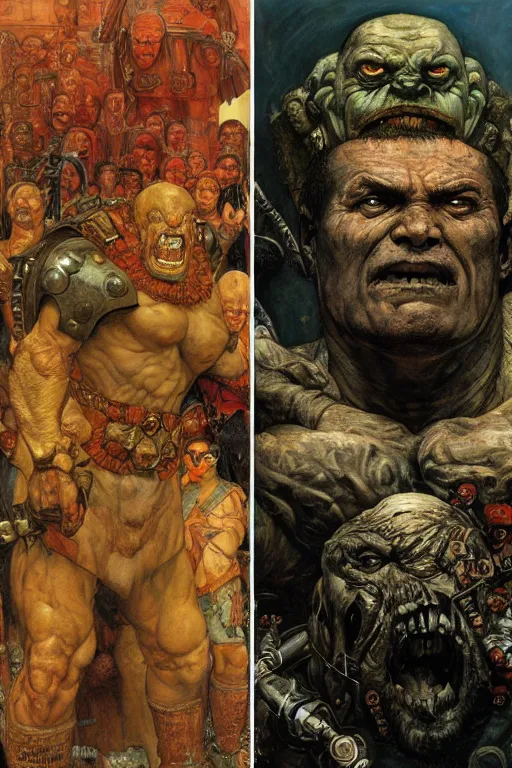 Image similar to upper body and head portrait of hulking mutant armoured warrior overlord by lawrence alma tadema and zdzislaw beksinski and norman rockwell and jack kirby and tom lovell and greg staples