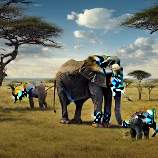 Image similar to a highly detailed panoramic photo of the serengeti. in the far background we see a small boy next to an elephant with an extremely long trunk. 8 k, super resolution