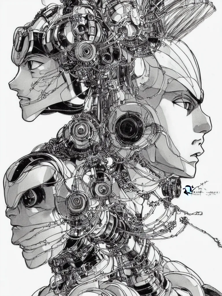 Image similar to prompt: Fragile looking portrait, portrait face drawn by Katsuhiro Otomo, accurate full body character drawing, inspired by Evangeleon and Akira 1988, cyborg and wire details, clean ink detailed line drawing, intricate detail, manga 1990, golden ration composition