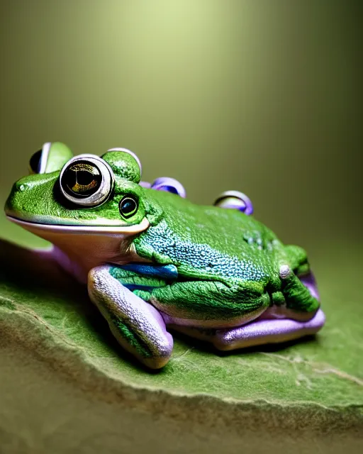 Image similar to natural light, soft focus portrait of a cyberpunk anthropomorphic tree frog with soft synthetic pink skin, blue bioluminescent plastics, smooth shiny metal, elaborate ornate jewellery, piercings, skin textures, by annie leibovitz, paul lehr