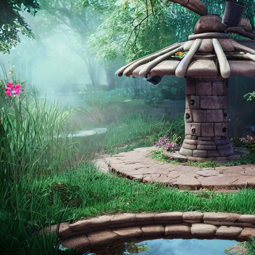 Prompt: E-girl talks to a magical well, in the backyard of an overgrown suburb, beautiful detail, unreal engine, concept art