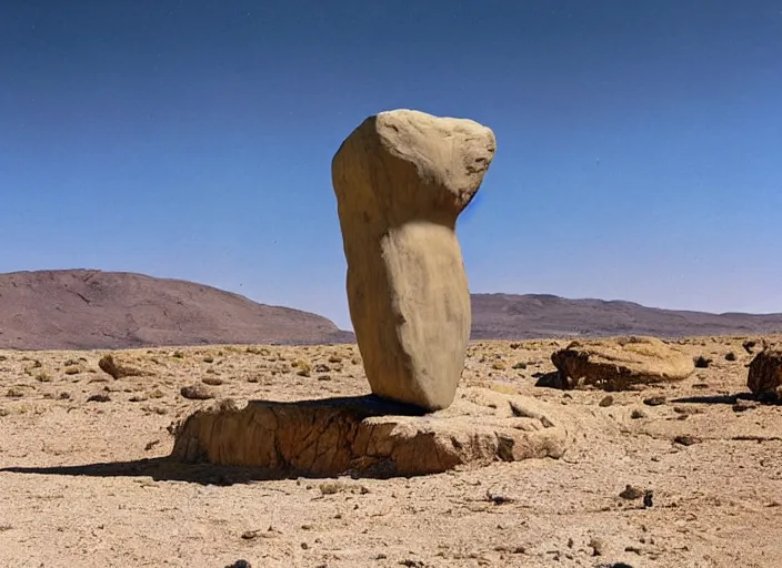 Prompt: strange pagan giant monument in the middle of a desert by salvadore dali and rene magritte