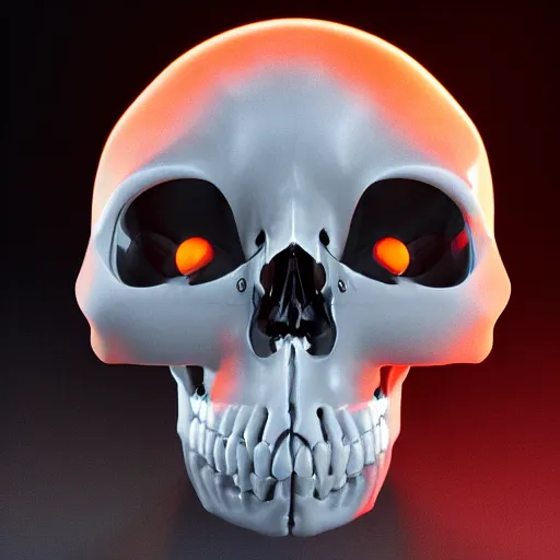 Image similar to real human skull with robotic circular orange light electronic eyes in eye sockets, unreal engine, artstation, render