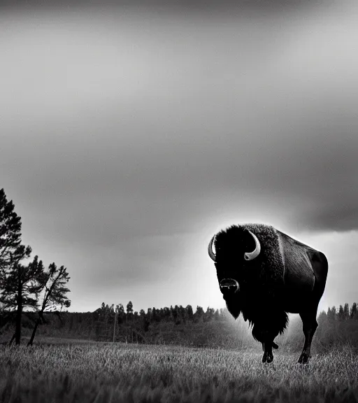 Image similar to Award winning Editorial photo of an american bison in yellowstone Park by Edward Sherriff Curtis and Lee Jeffries, 85mm ND 5, perfect lighting, gelatin silver process, National Geographic