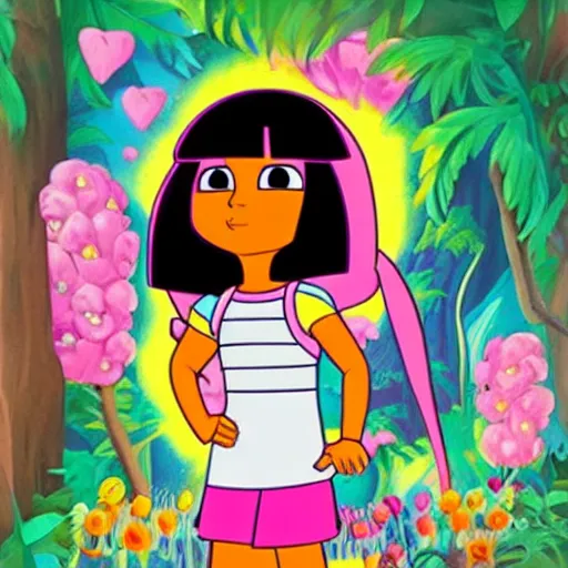 Image similar to dora the explorer as real girl, in lowbrow style