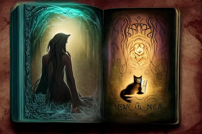 Image similar to romantic photo of bright girl, her cat and her book of necronomicon, symmetrical, cinematic, real dlsr photography, sharp focus, 4 k, ultra hd, sense of awe, sinister demonic atmosphere, dreadful, forbidden knowledge, old gods, cthulhu, yog - sothoth! yah, yah, yah! cultist journal cover