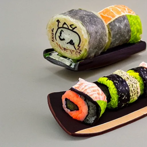 Prompt: skateboard made of sushi rolls