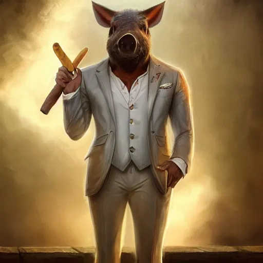 Prompt: a portrait of a boar wearing a white suit, muscular, smoking a cigar, gorgeous, intricate, elegant, volumetric lighting, scenery, high detail digital art, smooth, tony sart, randy vargas, sharp focus, illustration, concept art