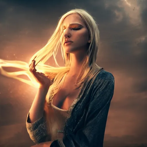 Prompt: beautiful blond hovering sorceress girl, casting a spell, in a destroyed city, moody lighting, 8 k, shallow depth of field, cinematic lighting,