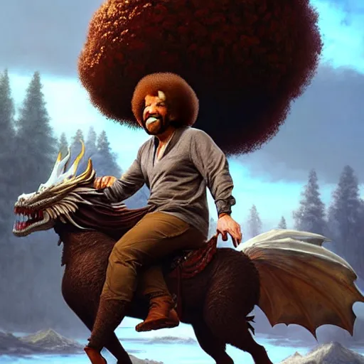 Image similar to bob ross!!! riding!!! a dragon!!, giant afro!, model pose, ultra realistic, concept art, intricate details, highly detailed, photorealistic, octane render, 8 k, unreal engine. art by artgerm and greg rutkowski and alphonse mucha