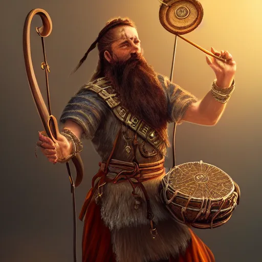 Prompt: Protean (D&D) bearded bard holding a drum, ornately dressed, standing in populated Baldur\'s Gate city square, hyperdetailed, artstation, cgsociety, 8k