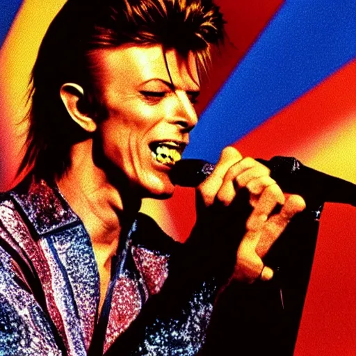 Image similar to david bowie singing into microphone wearing a clearly symbol yin - yang shirt, scene in space, avant - garde painting