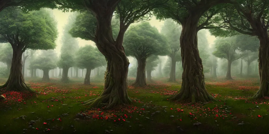 Image similar to A memorial grove of trees of various sizes dedicated to missing people, plaques, solemn, flowers game art matte painting hyperdetailed, artstation, cgsociety, 8k, surreal dream landscape