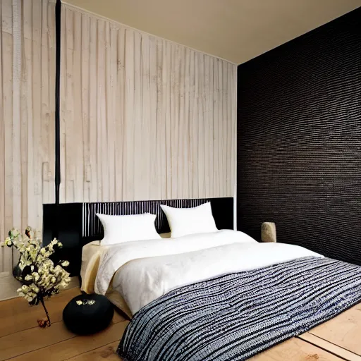 Image similar to bedroom, stone, interior design, stylish luxury hotel bedroom design, yakisugi, black vertical slatted timber, textures, feminine, black walls, art, Japanese pottery vase with flowers, kakejiku, seasonal, Japanese influences