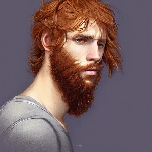 Image similar to 2 4 - year - old man, masculine face, square jaw, ginger hair, dark blue eyes, hyper realistic face, beautiful eyes, highly detailed, digital painting, smooth, sharp, beautiful face, expressive eyes, long fluffy wavy ginger hair, art by greg rutkowski and alex gray