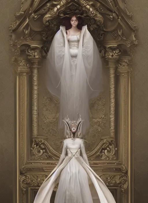 Image similar to hyper realistic photo of baroque luxury queen ethereal floating ghost full body, symmetric, rule of thirds, cinematic, artstation, cgsociety, greg rutkowski, james gurney brom