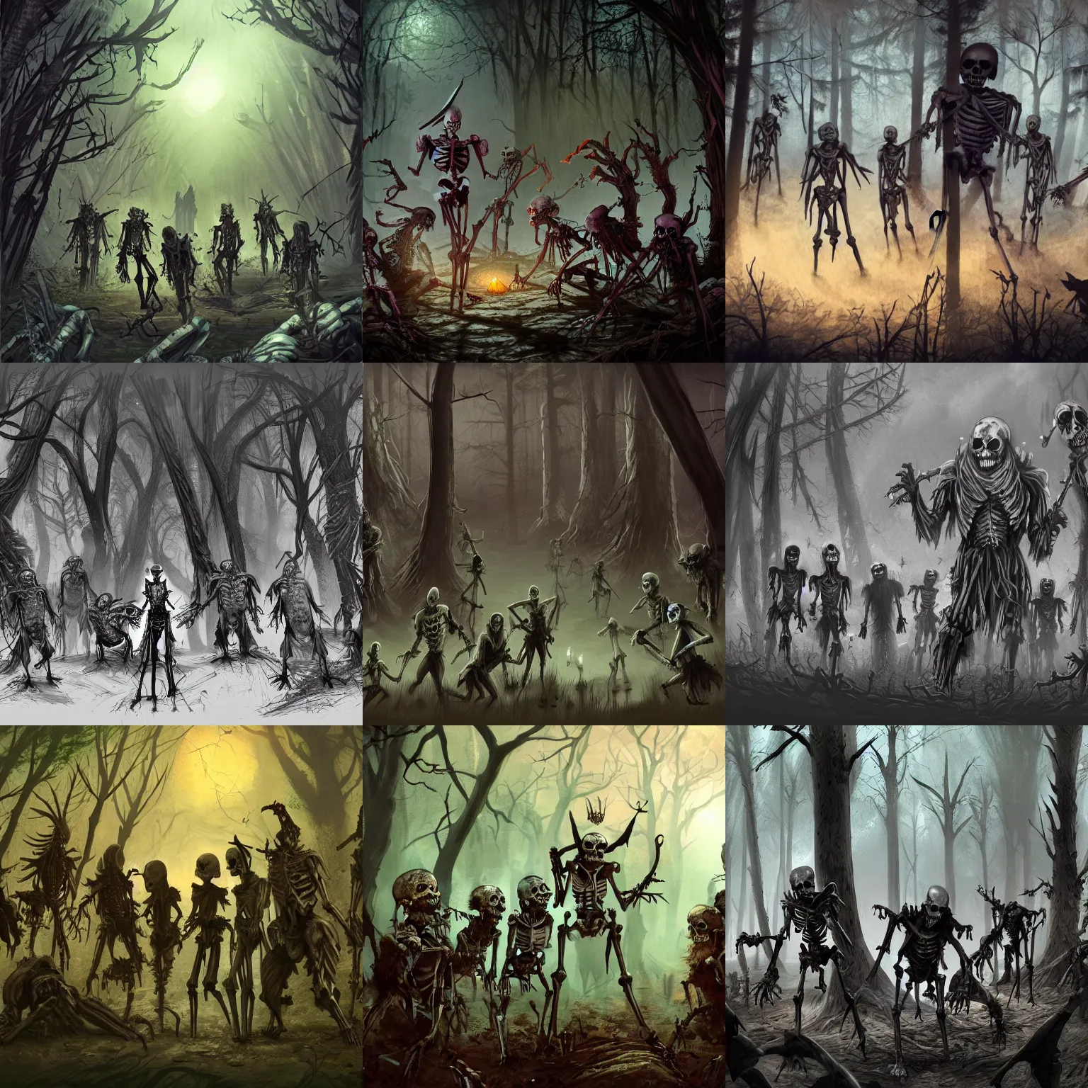 Prompt: a group of dangerous skeletons and zombies in a forest at night, dnd, concept art, fantasy art, 4 k, artstation