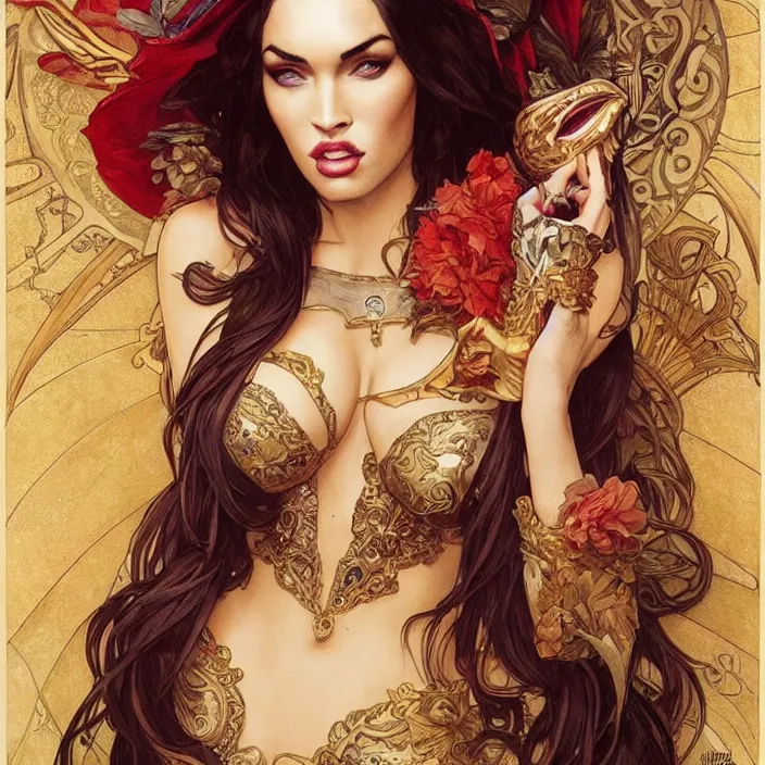 Image similar to megan fox wearing venetian carnival masks by artgerm, greg rutkowski, alphonse mucha