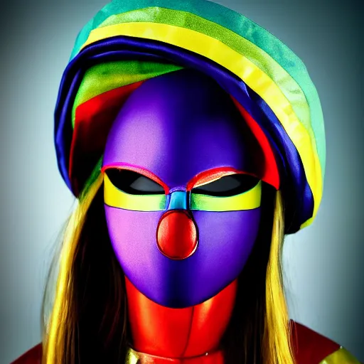 Image similar to a detailed portrait photo of a rainbow themed super hero, super hero costume, super hero mask, cinematic shot