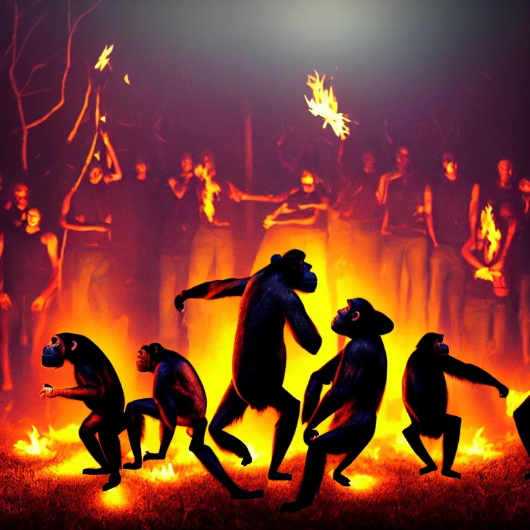 Image similar to real life 1 2 chimpanzees dancing in circle, bonfire in center, a jungle, cinematic, volumetric lighting, vivid colours, long evil shadows, f 8 aperture, cinematic eastman 5 3 8 4 film, photorealistic