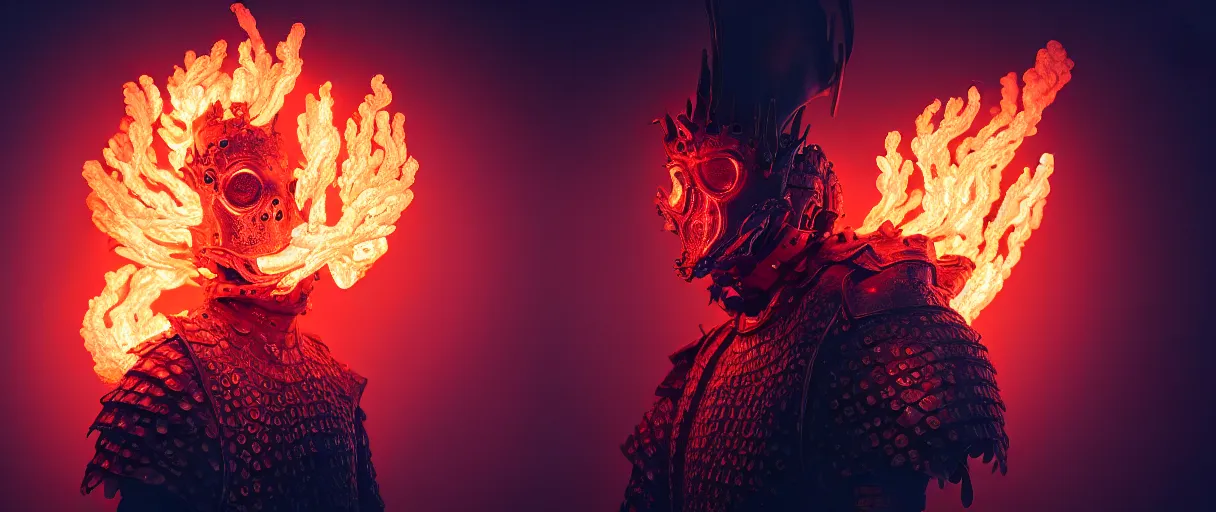 Image similar to hyperrealist highly detailed english medieval portrait of high fashion monster wearing flame fire smoke flame armor, radiating atomic neon corals, veiny network growth with fungal pattern, concept art pascal blanche dramatic studio lighting 8k wide angle shallow depth of field