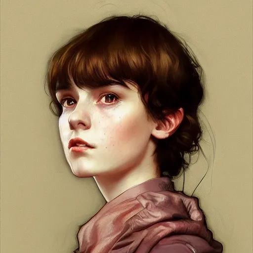 Image similar to portrait of a welsh teenage girl with brown hair, glowing skin, delicate features, amelie poulain, fantasy, intricate, elegant, dress shirt, highly detailed, digital painting, artstation, concept art, smooth, sharp focus, illustration, art by Krenz Cushart and Artem Demura and alphonse mucha