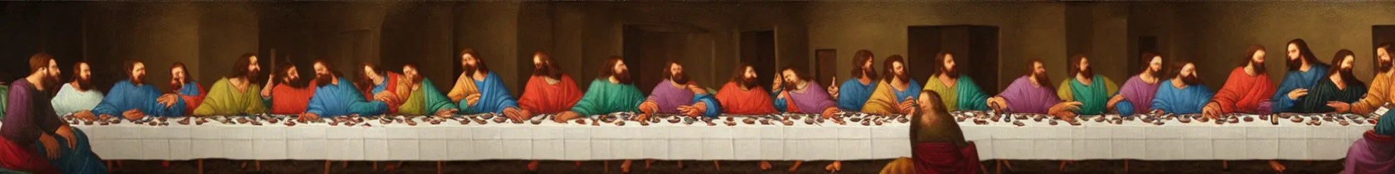 Prompt: the last supper for an extra large group of people, oil painting reproduction