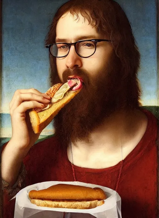 Prompt: realistic portrait of danny mondello eating a sandwich, guy with glasses long brown hair and a goatee, renaissance portrait painting, greg rutkowski, beautiful light
