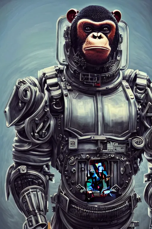 Image similar to a portrait of a muscular anthropomorphic cyberpunk chimp in spacesuit armor with ensignia on chest plate by sandra chevrier, by jon foster, detailed render, post - processing, extremely hyperdetailed, intricate, epic composition, cybernetics, 4 k realistic, cryengine, realistic shaded lighting, sharp focus, masterpiece, by enki bilal