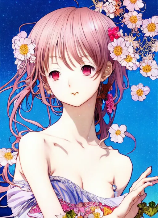 Image similar to exquisite imaginative manga poster art of vamprie girl, flowers, pearlescent, shimmering, reflective, rim light, clear face, detailed background, by kojima ayami, shigenori soejima, minaba hideo, alphonse mucha, dark fantasitic, illustration, artstation, pivix, concept art, highly detailed, colorful, maximalist