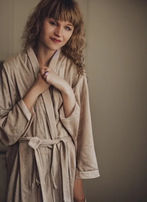 Image similar to homely but adorable blonde woman, underweight, deep scars across left cheek, wearyworn but optimistic expression, wearing beige pajamas and robes