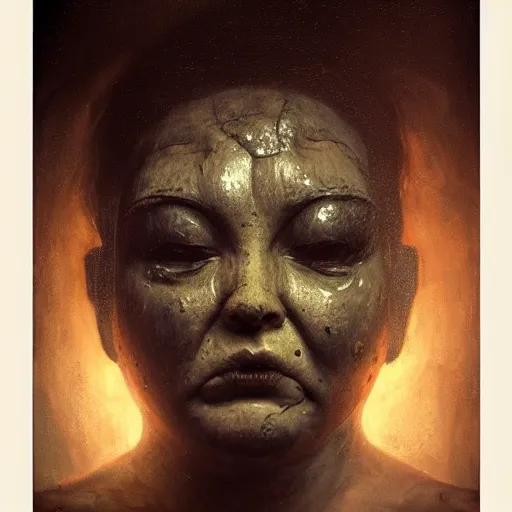 Image similar to portrait of the face of big old sumoringer as despair from sandman, venus of willendorf, by jeremy mann, by gregory crewdson, by bastien lecouffe deharme, sad face, topknot, black hair, mourning, white room, soft lightning, high detailed, 8 k