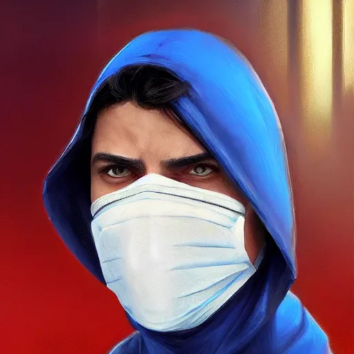 Image similar to ultra realistic illustration, man with black hair with a black medical mask, in a hood in the form of a blue shark with white teeth, red and blue eyes, mysterious, poker man, highly detailed, digital painting, artstation, concept art, smooth, sharp focus, illustration, art by artgerm and greg rutkowski and alphonse mucha