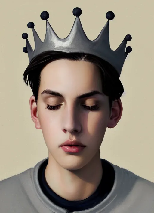 Image similar to portrait of teenage jughead jones wearing a light grey crown, photorealistic, crown, eyes closed, crown, black hair, intricate, elegant, glowing lights, highly detailed, digital painting, artstation, concept art, smooth, sharp focus, illustration, art by wlop, mars ravelo and greg rutkowski