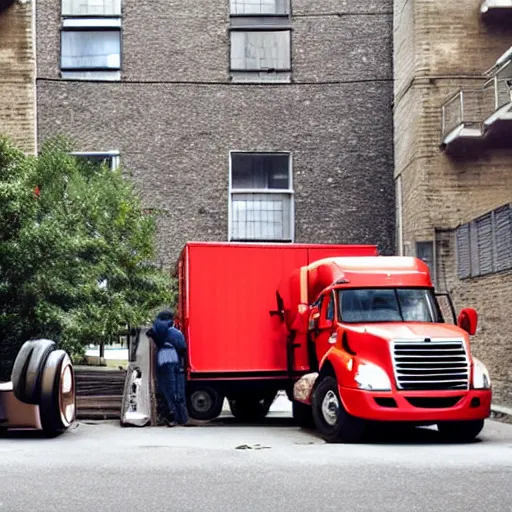 Image similar to two trucks having a makeout session in a back alley