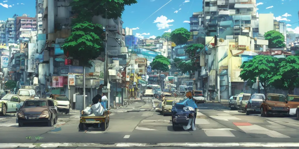 Prompt: rio de janeiro streets in an anime film, directed by makoto shinkai, cinematic, key visual, highly detailed, sharp focus