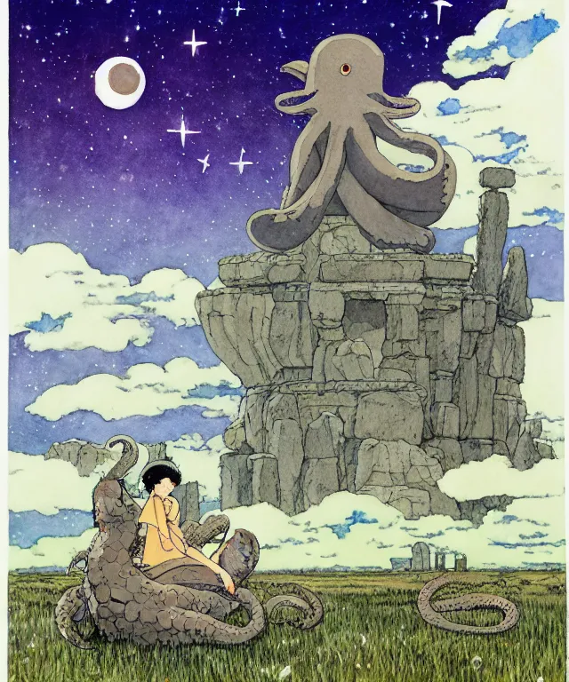 Image similar to a hyperrealist studio ghibli watercolor fantasy concept art. in the foreground is a giant grey octopus sitting in lotus position on top of stonehenge with shooting stars all over the sky in the background. by rebecca guay, michael kaluta, charles vess