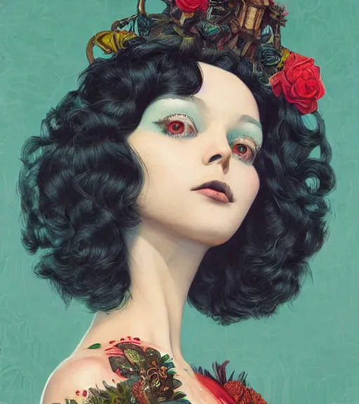 Image similar to beautiful girl, short black curly hair, round face : : by martine johanna and simon stalenhag and chie yoshii and casey weldon and guillermo del toro : : ornate, dynamic, particulate, rich colors, intricate, elegant, highly detailed, centered, artstation, smooth, sharp focus, octane render, 3 d