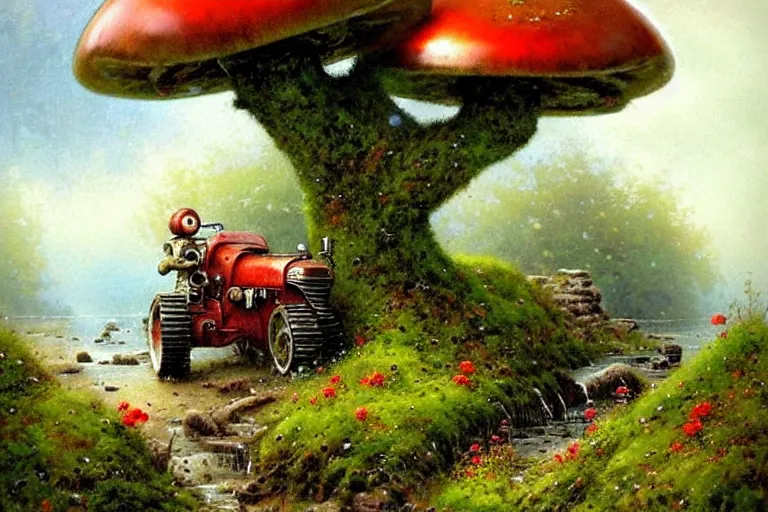 Image similar to adventurer ( ( ( ( ( 1 9 5 0 s retro future robot android mouse tractor in forrest of giant mushrooms, moss and flowers stone bridge waterfall. muted colors. ) ) ) ) ) by jean baptiste monge!!!!!!!!!!!!!!!!!!!!!!!!! chrome red