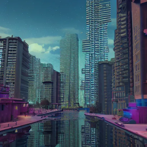 Prompt: A cityscape with a river running through it, Blender 3D, Pixar, Dreamworks, by Beeple