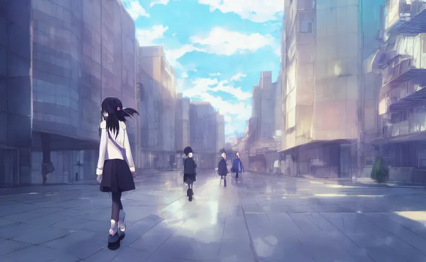 Image similar to An anime girl in a school uniform, walking through a modern city, anime scenery by Makoto Shinkai, digital art