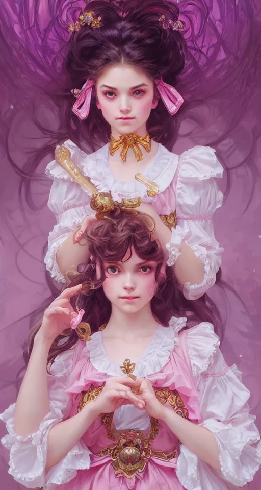 Image similar to portrait of magical lolita girl, dreamy and ethereal, pink eyes, peaceful expression, ornate frilly dress, fantasy, intricate, elegant, rainbow bubbles, highly detailed, digital painting, artstation, concept art, smooth, sharp focus, illustration, art by artgerm and greg rutkowski and alphonse mucha