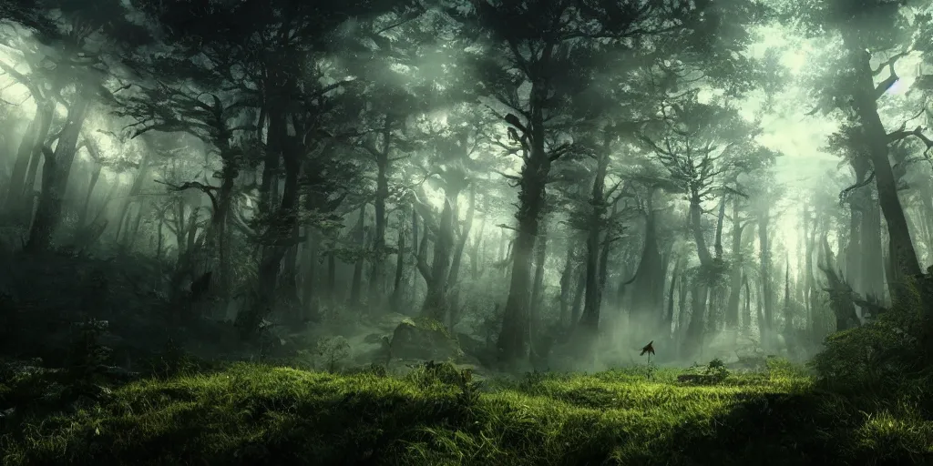 Prompt: epic fantasy landscape in a forest, hyper mystical, filmic, cinematic, cinematic lighting, fog, god rays, volumetric lighting