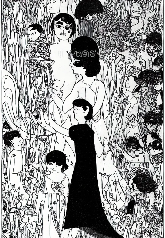 Prompt: a girl with black hair and a silver dress, detailed illustration, children's book, by winsor mccay