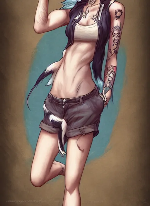 Image similar to character portrait of a female furry anthro opossum fursona wearing a tanktop and shorts with arm tattoos. Character design by charlie bowater, ross tran, artgerm, and makoto shinkai, detailed, inked, western comic book art