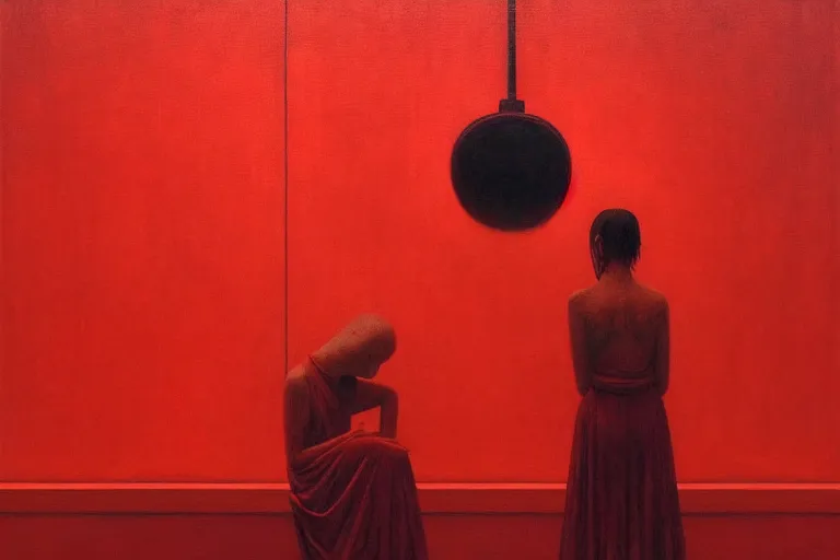 Prompt: only with red, red scammers and art thieves with disney masks, in a museum contemporary art, in the style of beksinski, parts by edward hopper, parts by rodcenko, parts by yue minjun, intricate and epic composition, red by caravaggio, insanely quality, highly detailed, masterpiece, red light, artstation, 4 k