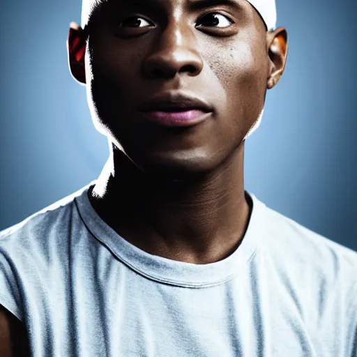 Image similar to Photo of Ekko from League of Legends, profile pose, bust shot, high detail, studio, fantasy, octane 3D, ominous background, sharp telephoto lens, in the style of Pixar